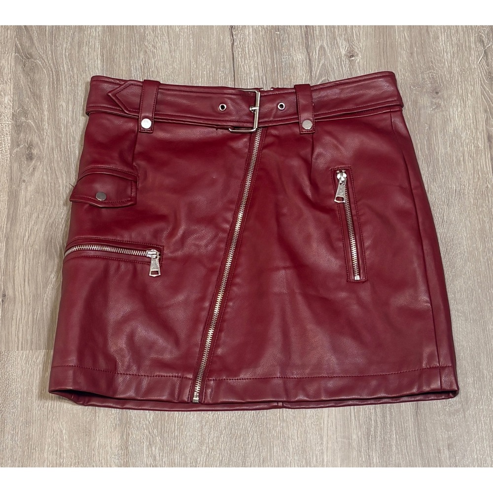 7 For All Mankind Womens Burgundy Faux Leather Moto Mini Skirt Belted Size S